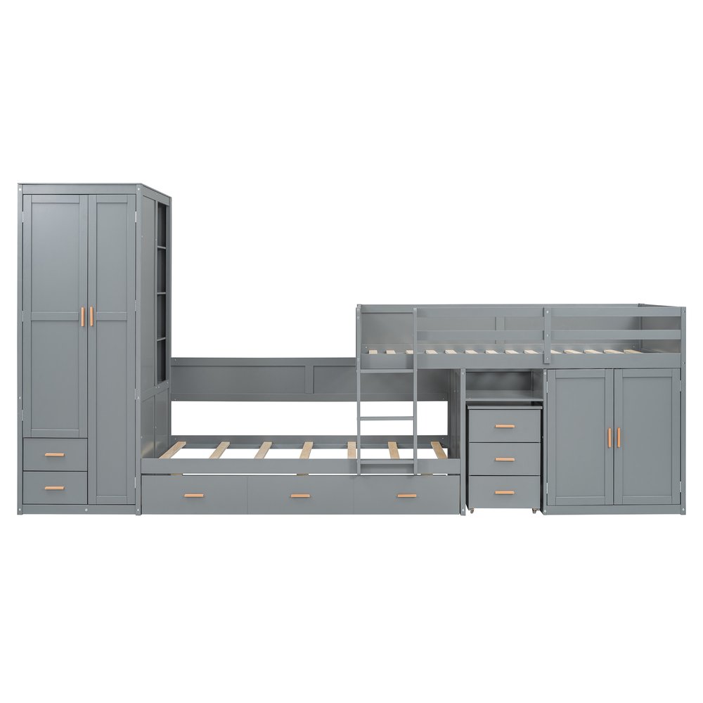 Gray Twin Over Twin Wood Bunk Bed With Desk And Trundle And Storage