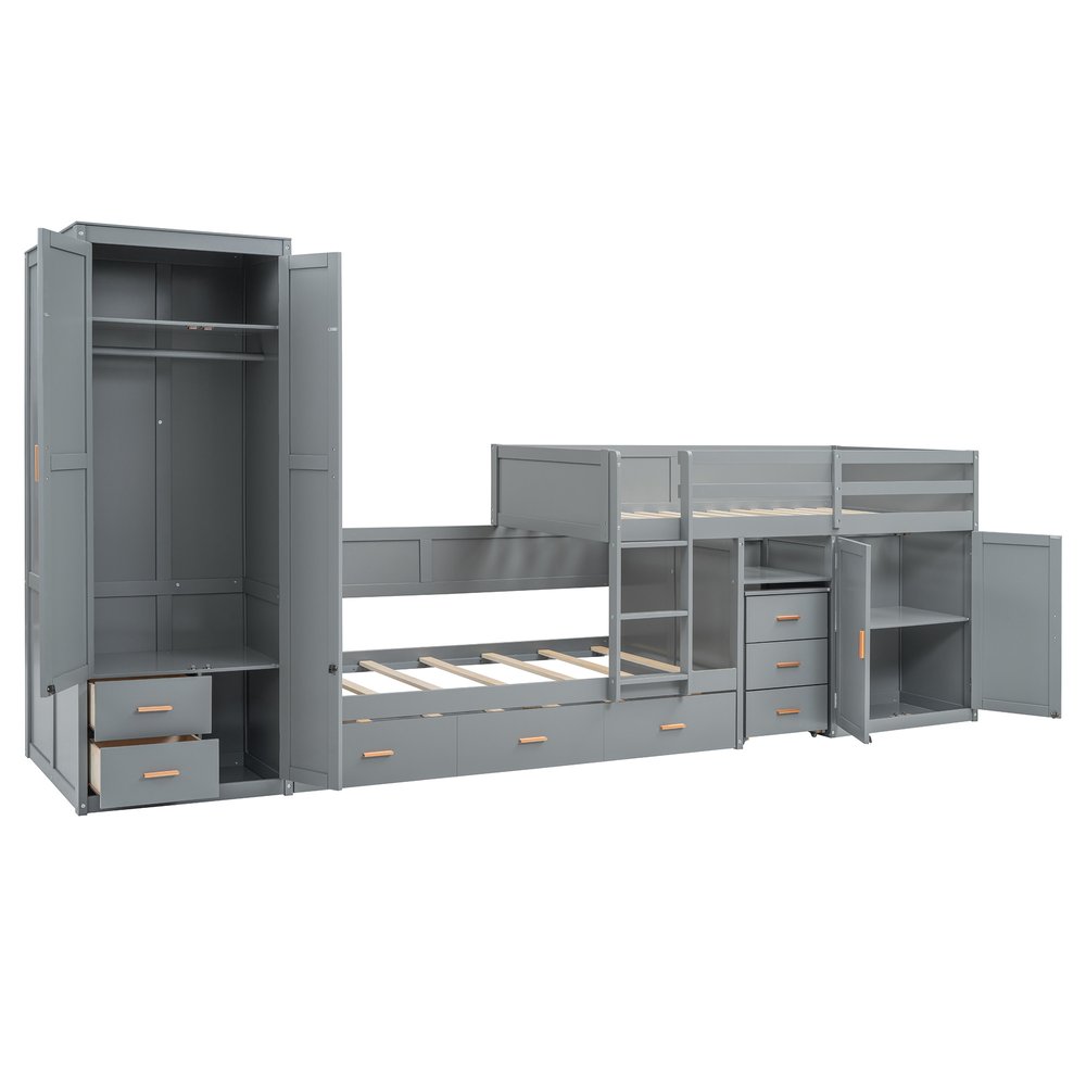 Gray Twin Over Twin Wood Bunk Bed With Desk And Trundle And Storage