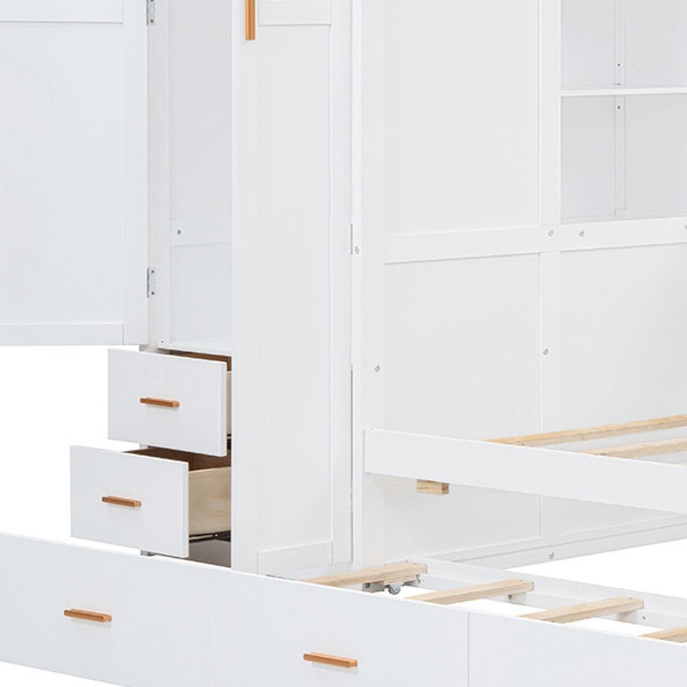 White Twin Over Twin Wood Bunk Bed With Desk And Trundle And Storage