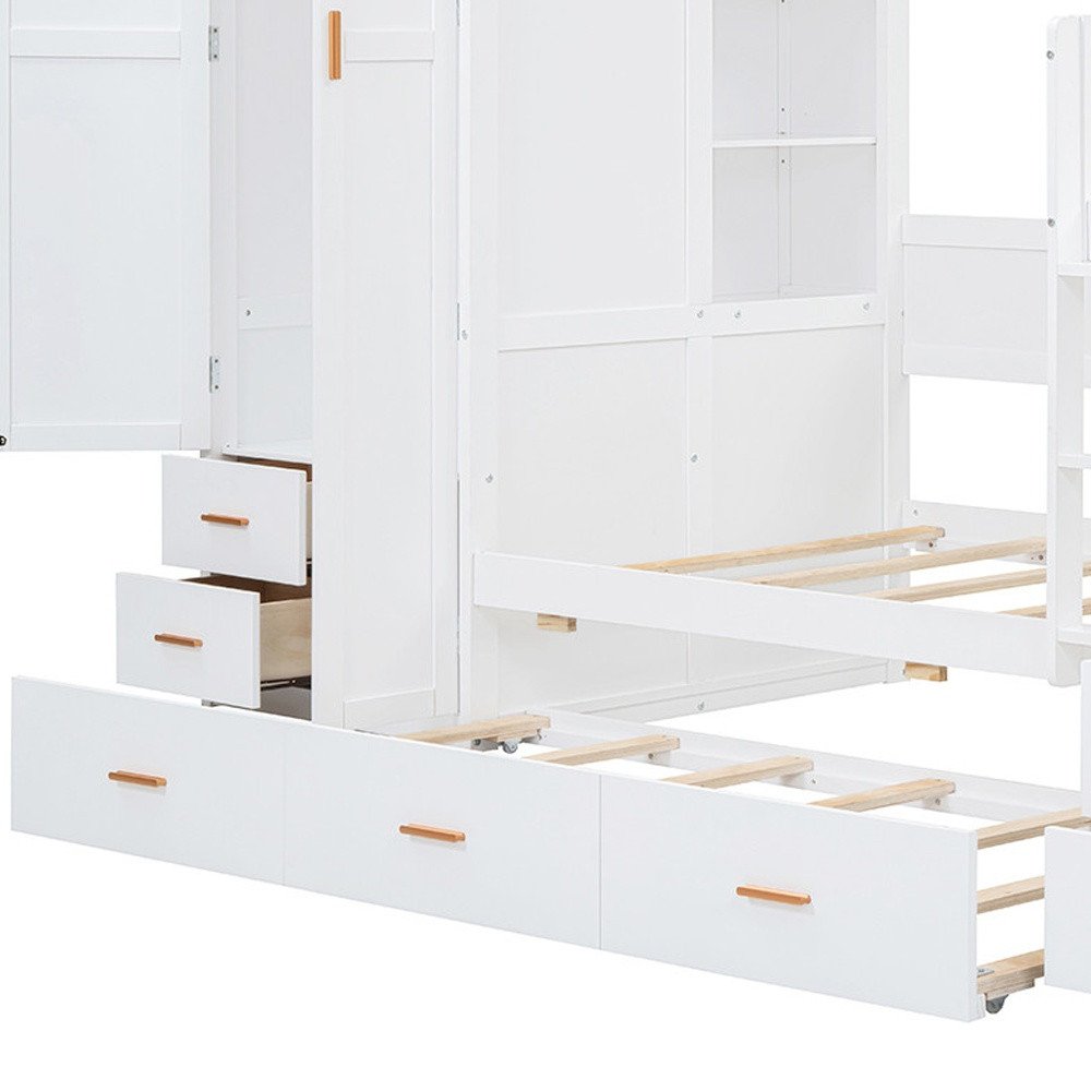 White Twin Over Twin Wood Bunk Bed With Desk And Trundle And Storage