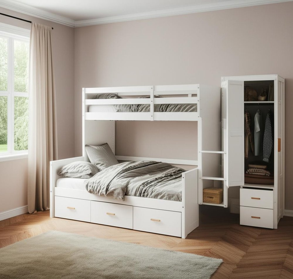 White Twin Over Twin Wood Bunk Bed With Desk And Trundle And Storage