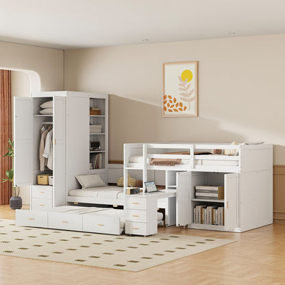 White Twin Over Twin Wood Bunk Bed With Desk And Trundle And Storage