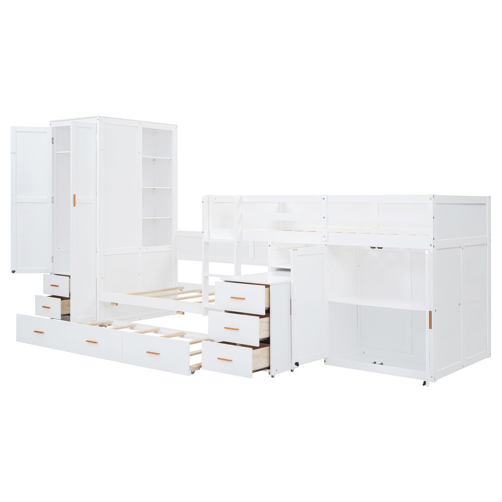 White Twin Over Twin Wood Bunk Bed With Desk And Trundle And Storage