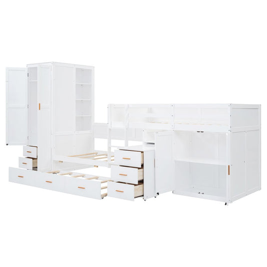White Twin Over Twin Wood Bunk Bed With Desk And Trundle And Storage