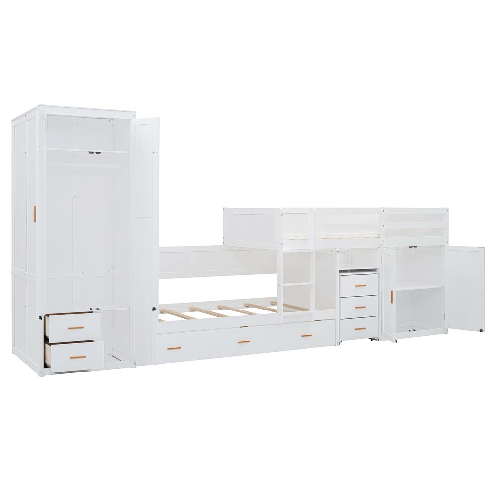 White Twin Over Twin Wood Bunk Bed With Desk And Trundle And Storage