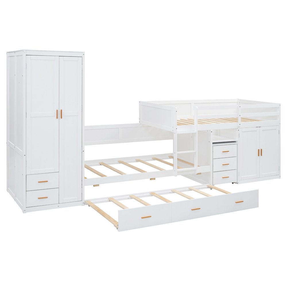 White Twin Over Twin Wood Bunk Bed With Desk And Trundle And Storage