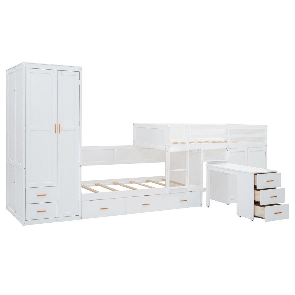White Twin Over Twin Wood Bunk Bed With Desk And Trundle And Storage