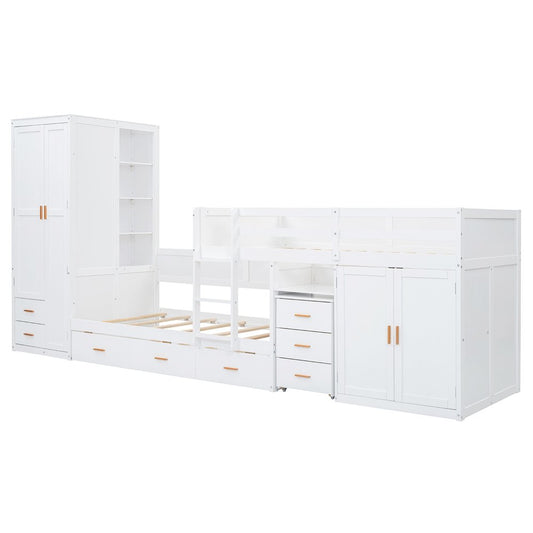 White Twin Over Twin Wood Bunk Bed With Desk And Trundle And Storage