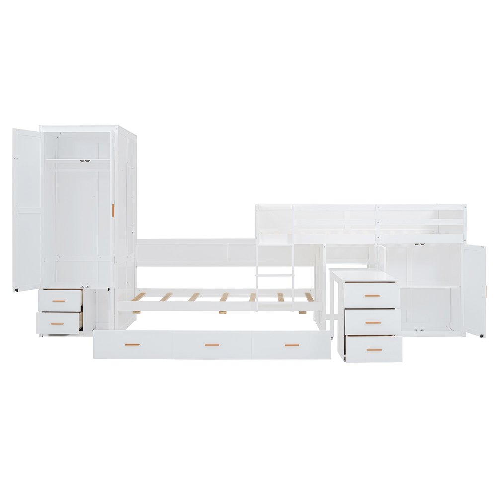 White Twin Over Twin Wood Bunk Bed With Desk And Trundle And Storage