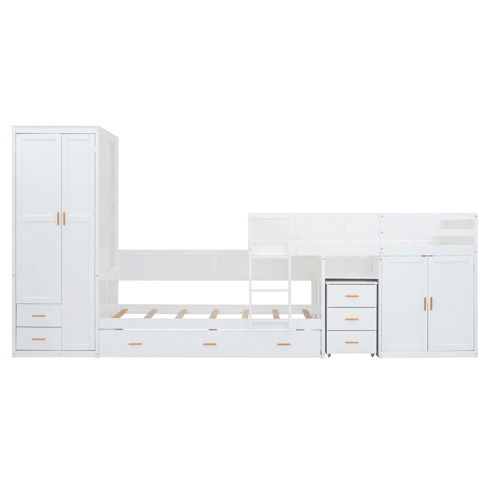 White Twin Over Twin Wood Bunk Bed With Desk And Trundle And Storage