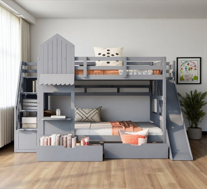 Gray Full Over Full Dollhouse Solid Wood Bunk Bed With Slide And Storage