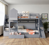 Gray Full Over Full Dollhouse Solid Wood Bunk Bed With Slide And Storage