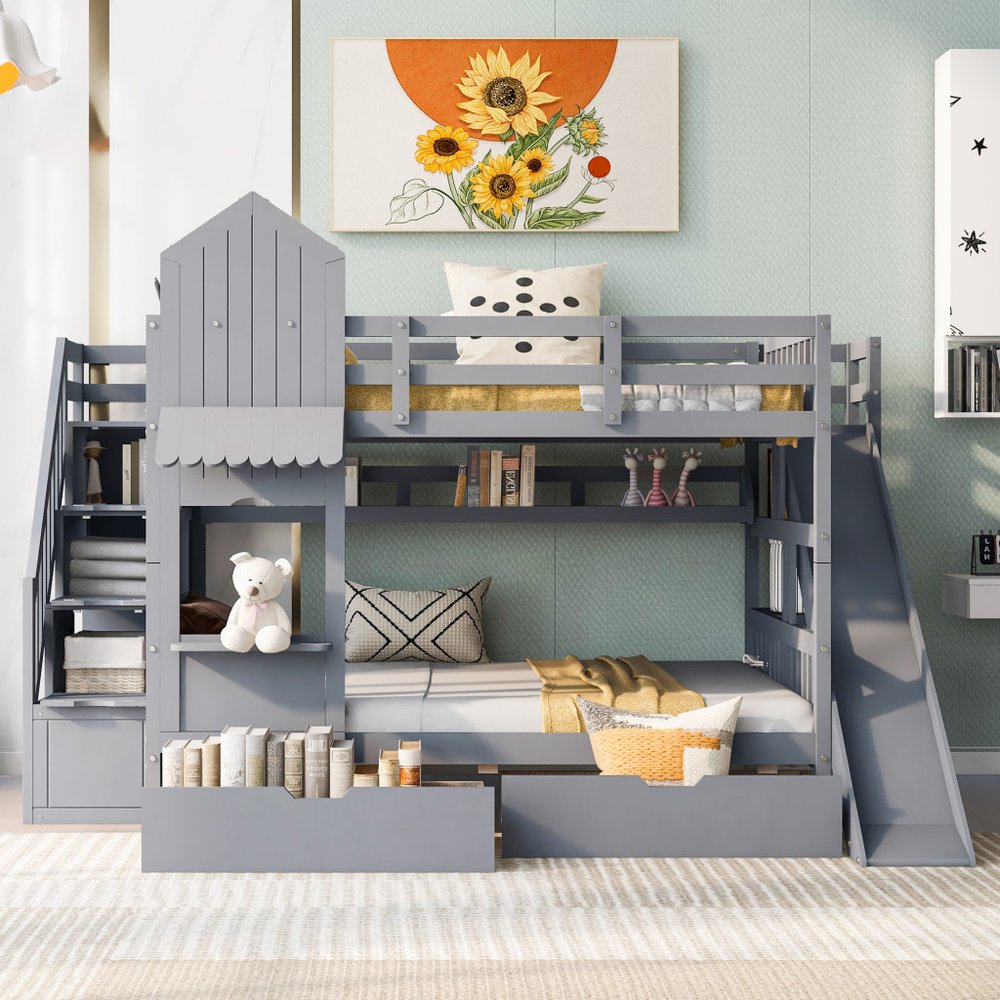 Gray Full Over Full Dollhouse Solid Wood Bunk Bed With Slide And Storage