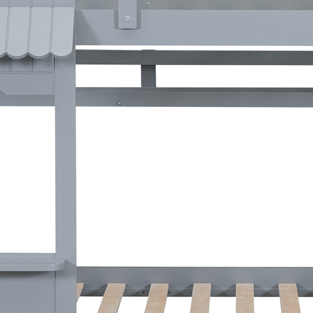Gray Full Over Full Dollhouse Solid Wood Bunk Bed With Slide And Storage