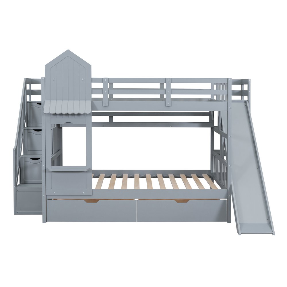 Gray Full Over Full Dollhouse Solid Wood Bunk Bed With Slide And Storage