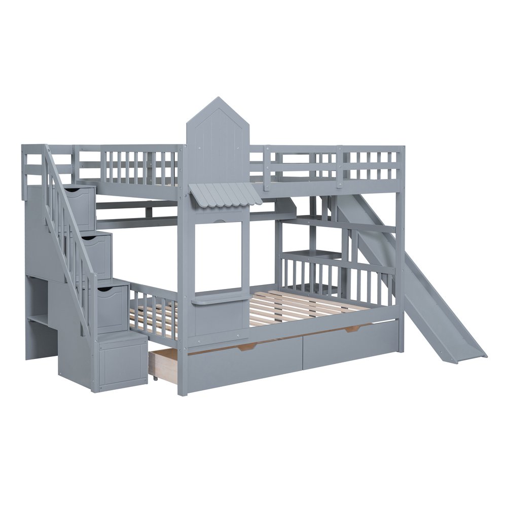 Gray Full Over Full Dollhouse Solid Wood Bunk Bed With Slide And Storage
