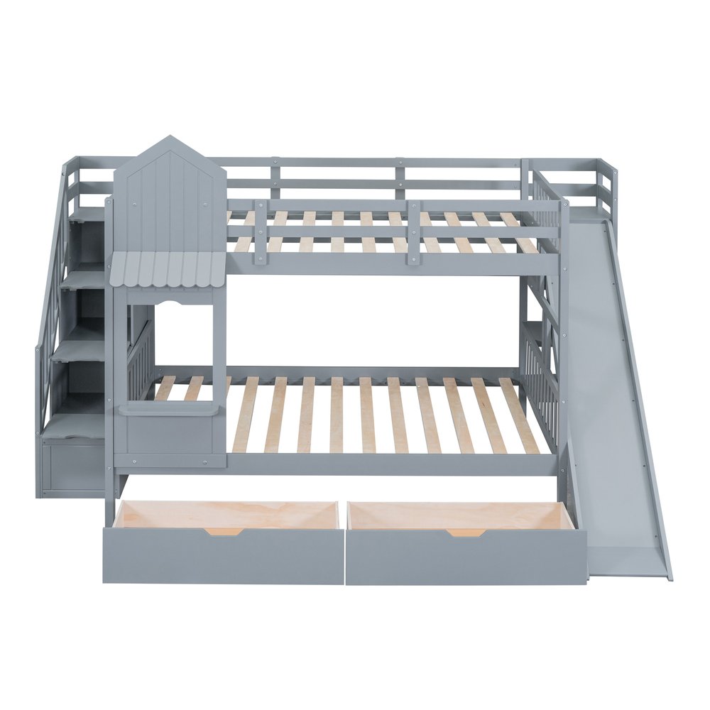 Gray Full Over Full Dollhouse Solid Wood Bunk Bed With Slide And Storage