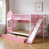 Pink Full Over Full Dollhouse Solid Wood Bunk Bed With Stairs And Slide And Drawers And Storage