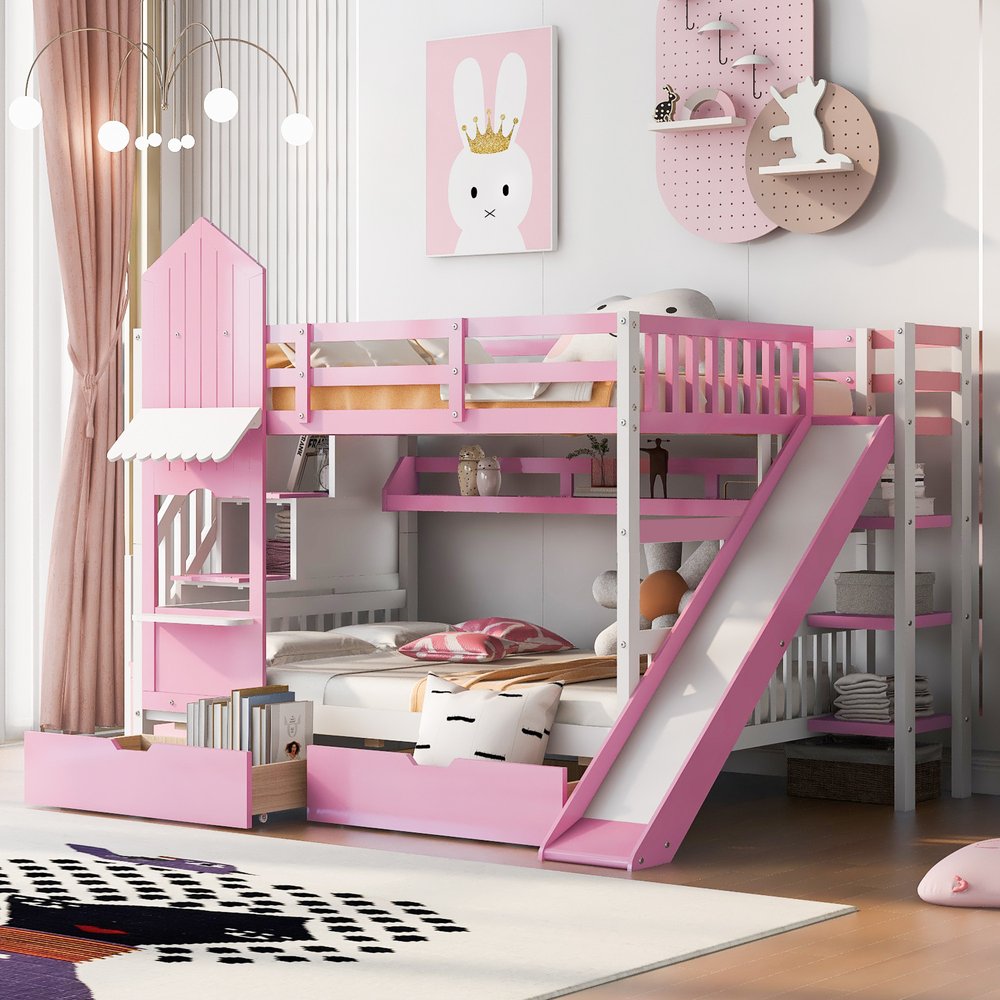 Pink Full Over Full Dollhouse Solid Wood Bunk Bed With Stairs And Slide And Drawers And Storage