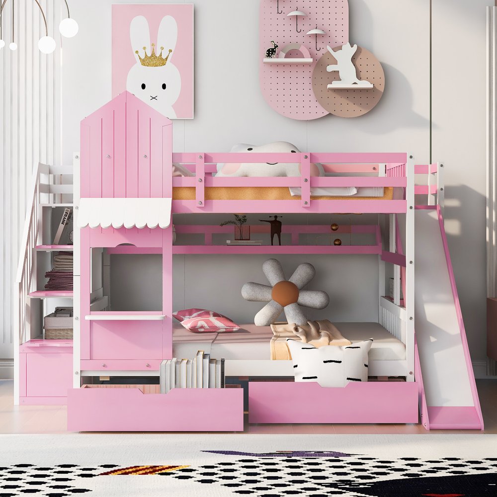 Pink Full Over Full Dollhouse Solid Wood Bunk Bed With Stairs And Slide And Drawers And Storage