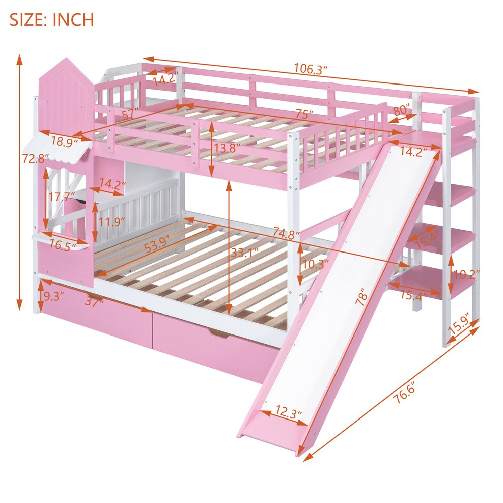 Pink Full Over Full Dollhouse Solid Wood Bunk Bed With Stairs And Slide And Drawers And Storage