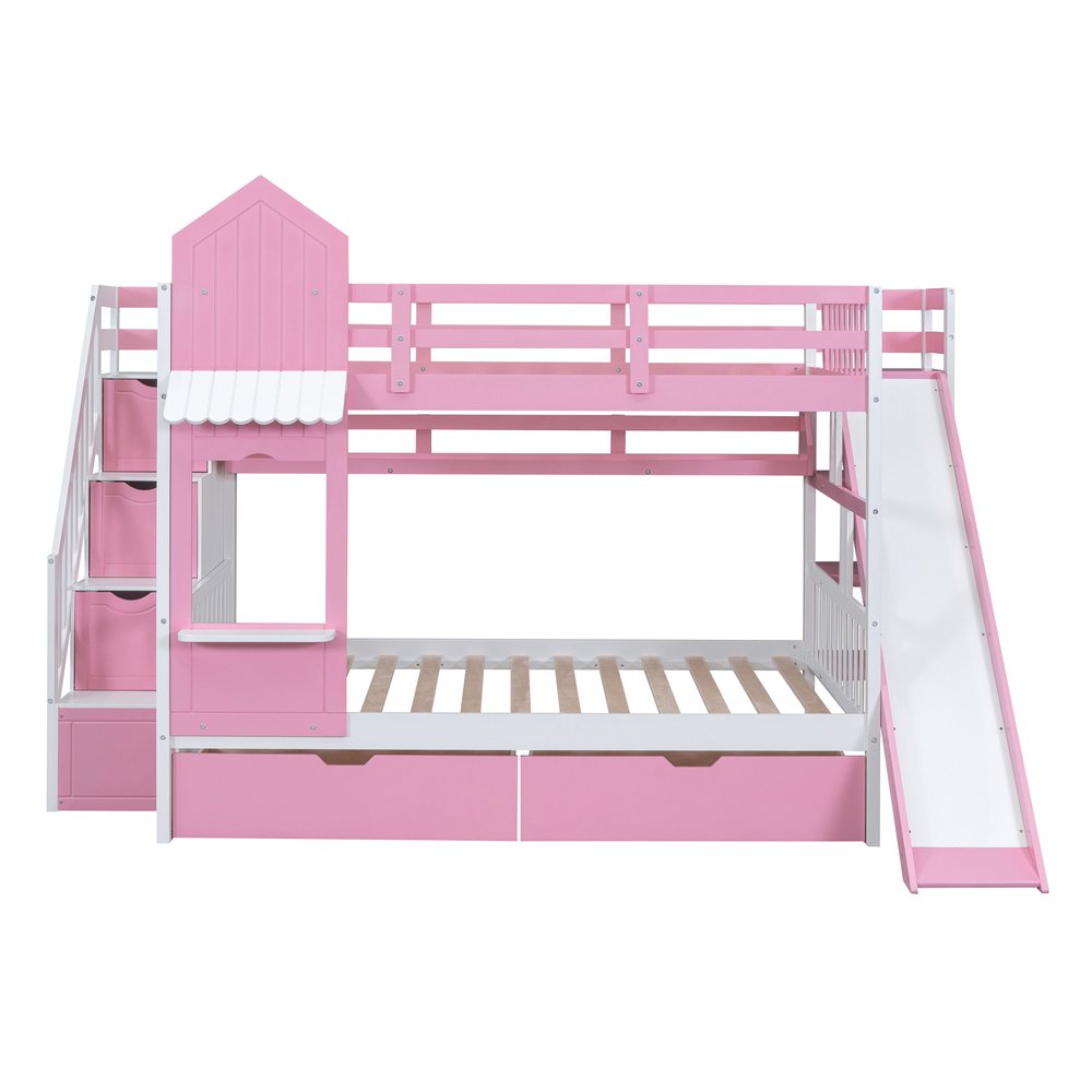 Pink Full Over Full Dollhouse Solid Wood Bunk Bed With Stairs And Slide And Drawers And Storage