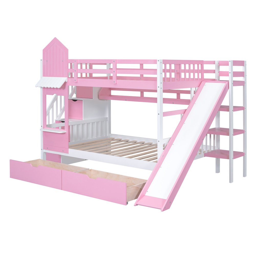 Pink Full Over Full Dollhouse Solid Wood Bunk Bed With Stairs And Slide And Drawers And Storage