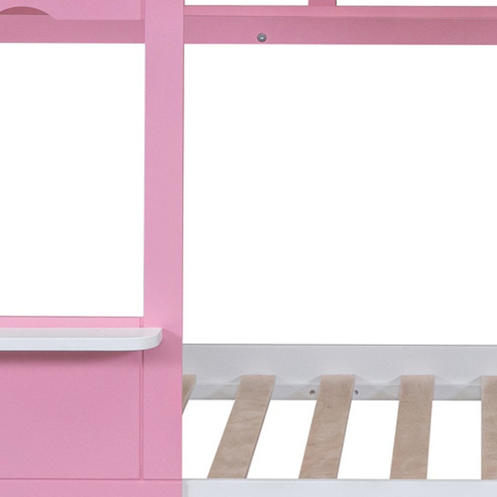 Pink Full Over Full Dollhouse Solid Wood Bunk Bed With Stairs And Slide And Drawers And Storage