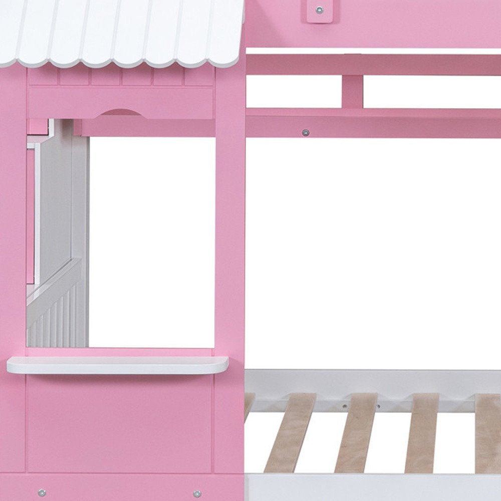 Pink Full Over Full Dollhouse Solid Wood Bunk Bed With Stairs And Slide And Drawers And Storage
