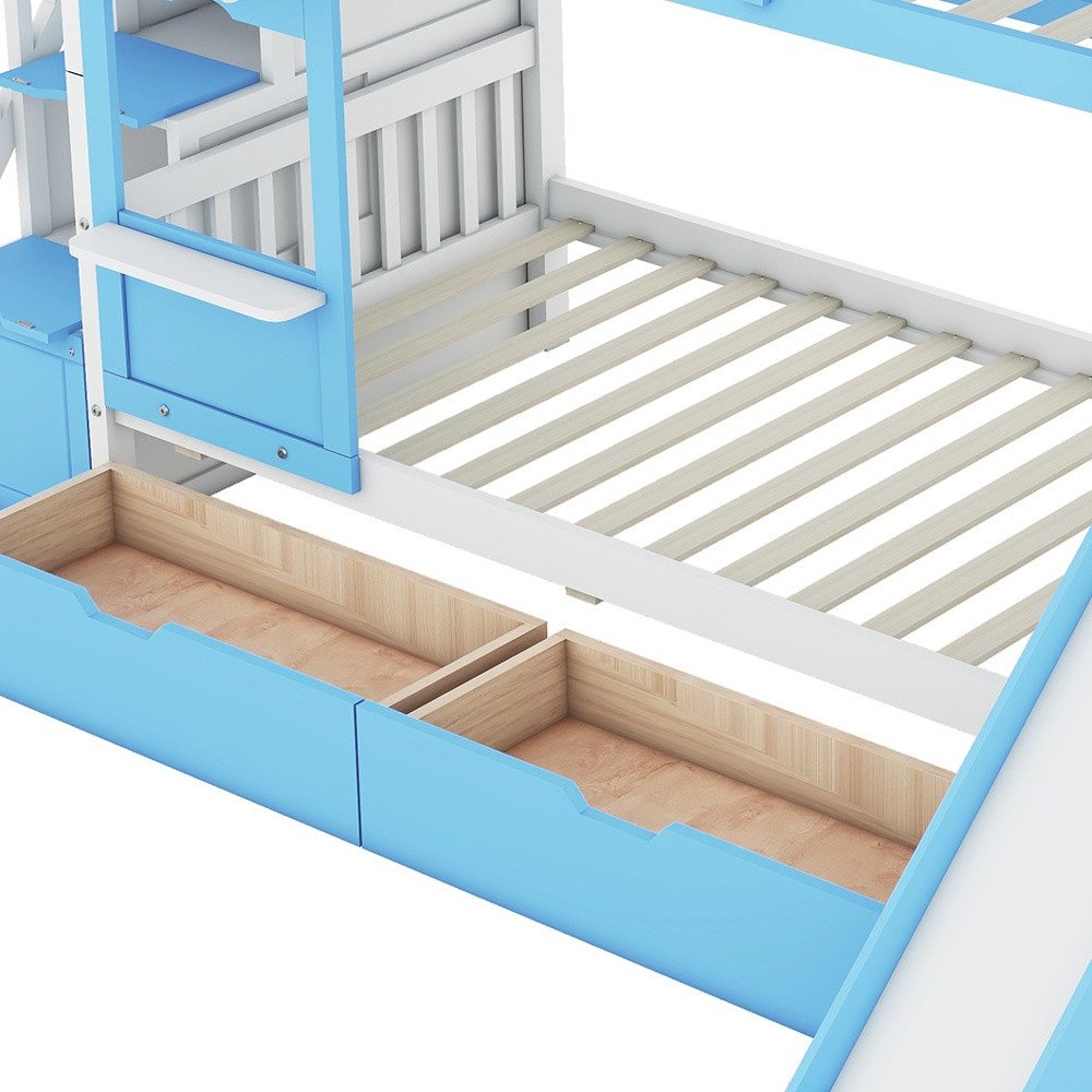 Blue Twin Over Twin Dollhouse Solid Wood Bunk Bed With Slide And Storage