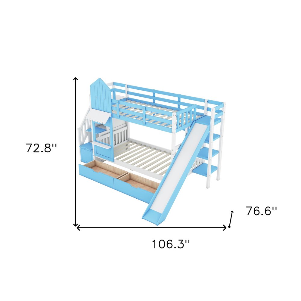 Blue Twin Over Twin Dollhouse Solid Wood Bunk Bed With Slide And Storage