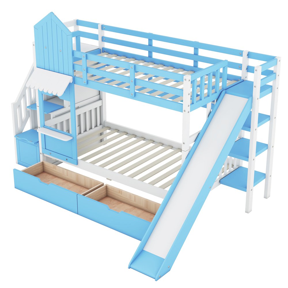 Blue Twin Over Twin Dollhouse Solid Wood Bunk Bed With Slide And Storage