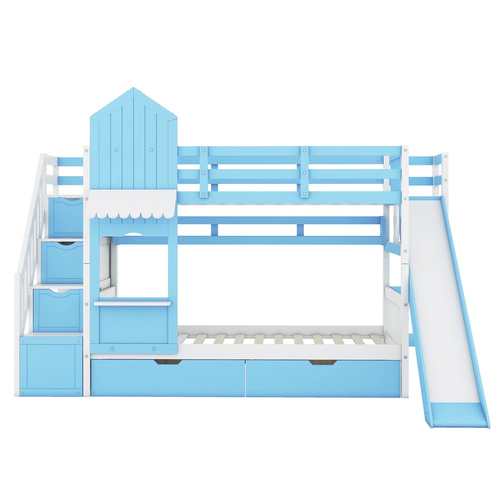 Blue Twin Over Twin Dollhouse Solid Wood Bunk Bed With Slide And Storage