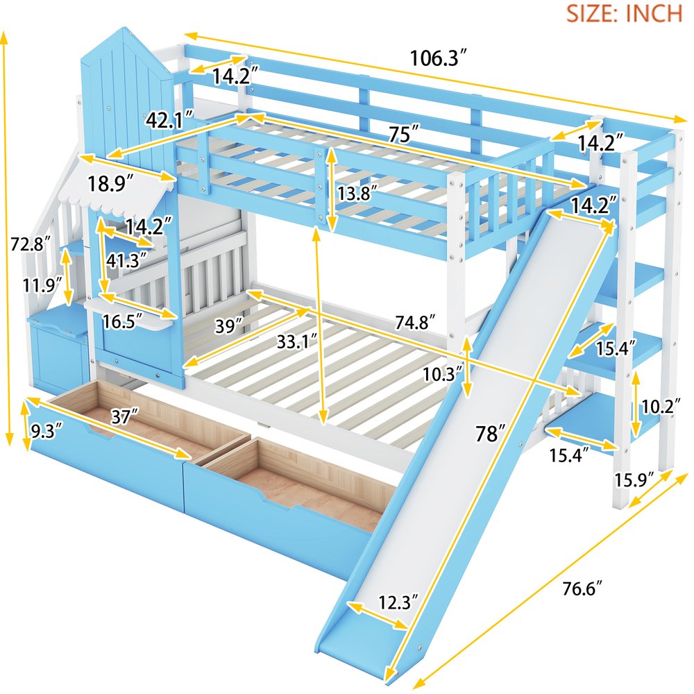 Blue Twin Over Twin Dollhouse Solid Wood Bunk Bed With Slide And Storage
