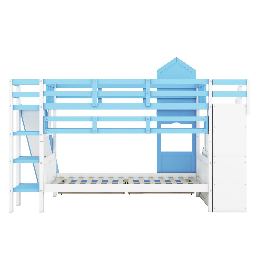Blue Twin Over Twin Dollhouse Solid Wood Bunk Bed With Slide And Storage