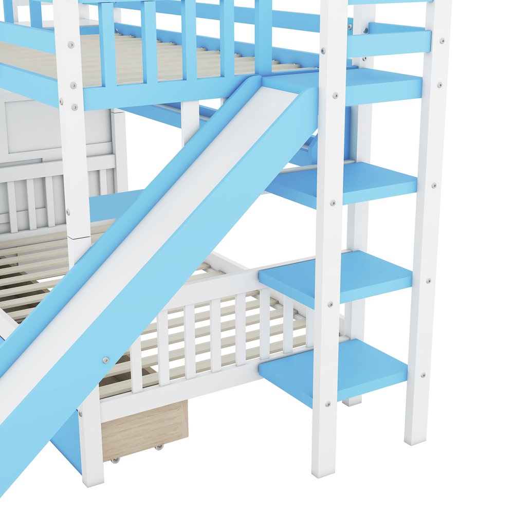 Blue Twin Over Twin Dollhouse Solid Wood Bunk Bed With Slide And Storage
