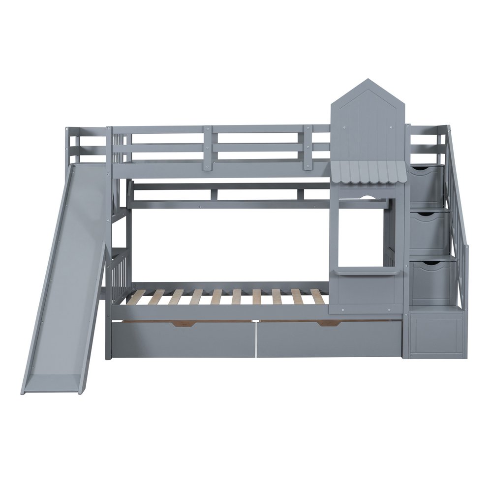 Gray Twin Over Twin Dollhouse Solid Wood Bunk Bed With Stairs And Slide And Drawers And Storage