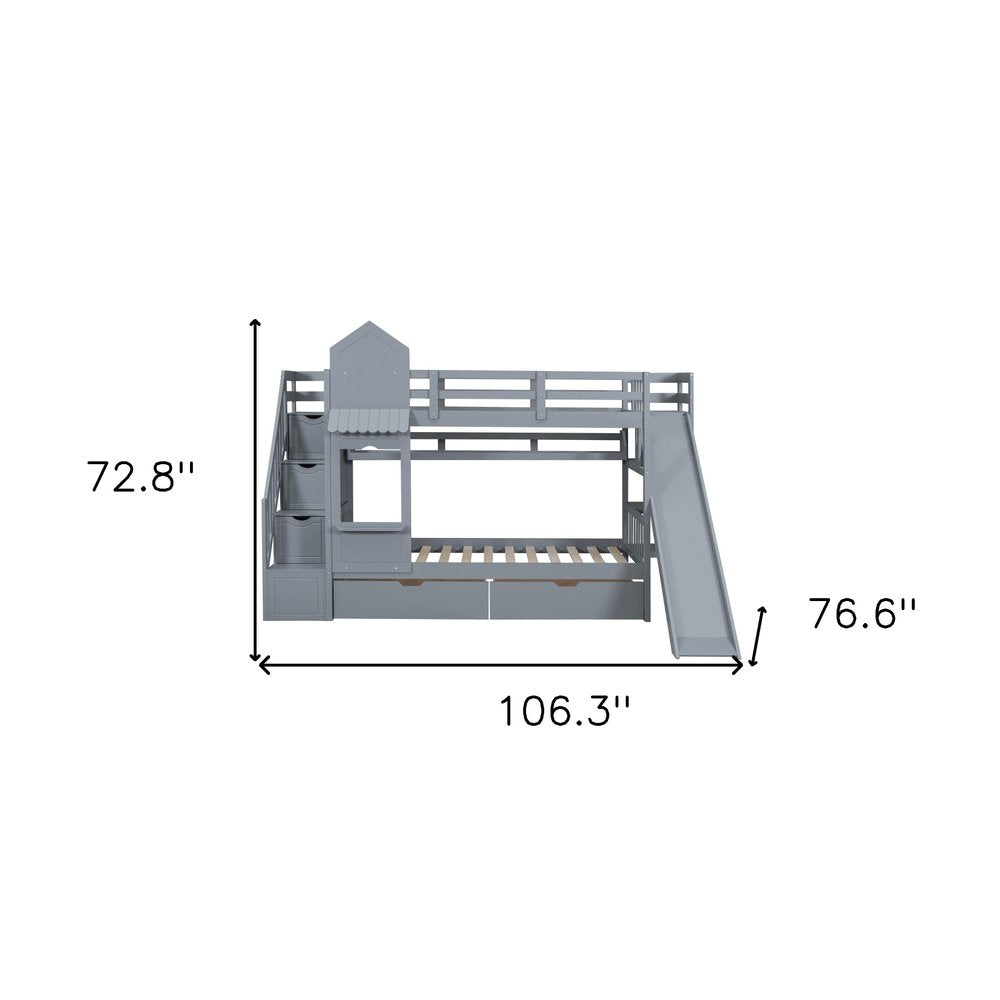 Gray Twin Over Twin Dollhouse Solid Wood Bunk Bed With Stairs And Slide And Drawers And Storage