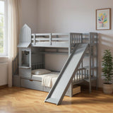 Gray Twin Over Twin Dollhouse Solid Wood Bunk Bed With Stairs And Slide And Drawers And Storage