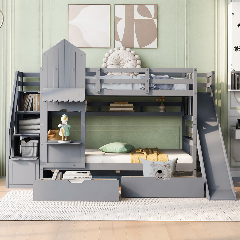 Gray Twin Over Twin Dollhouse Solid Wood Bunk Bed With Stairs And Slide And Drawers And Storage