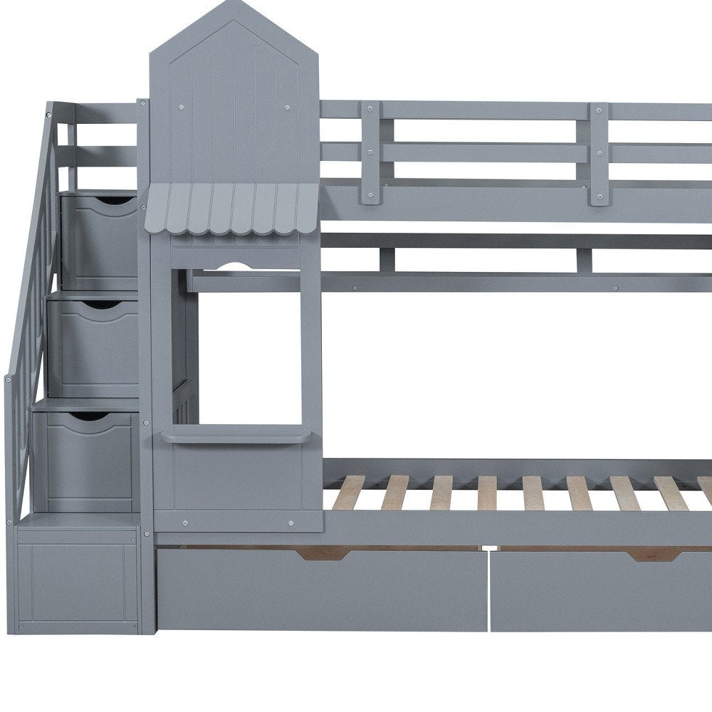 Gray Twin Over Twin Dollhouse Solid Wood Bunk Bed With Stairs And Slide And Drawers And Storage