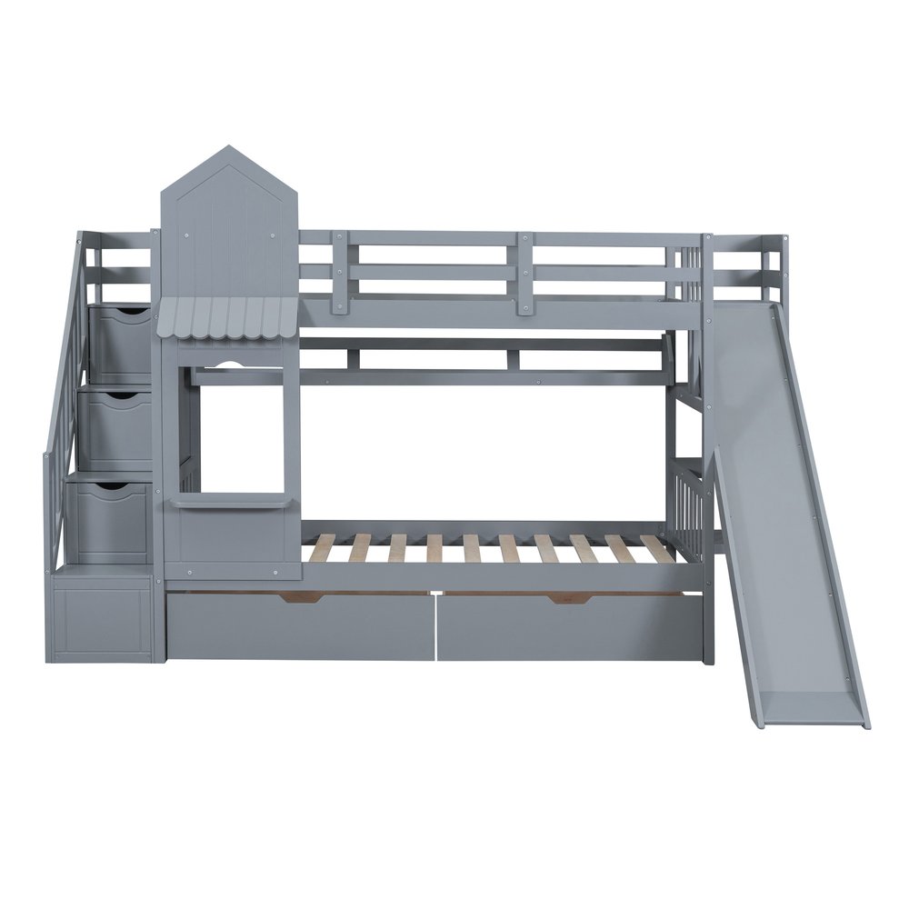 Gray Twin Over Twin Dollhouse Solid Wood Bunk Bed With Stairs And Slide And Drawers And Storage