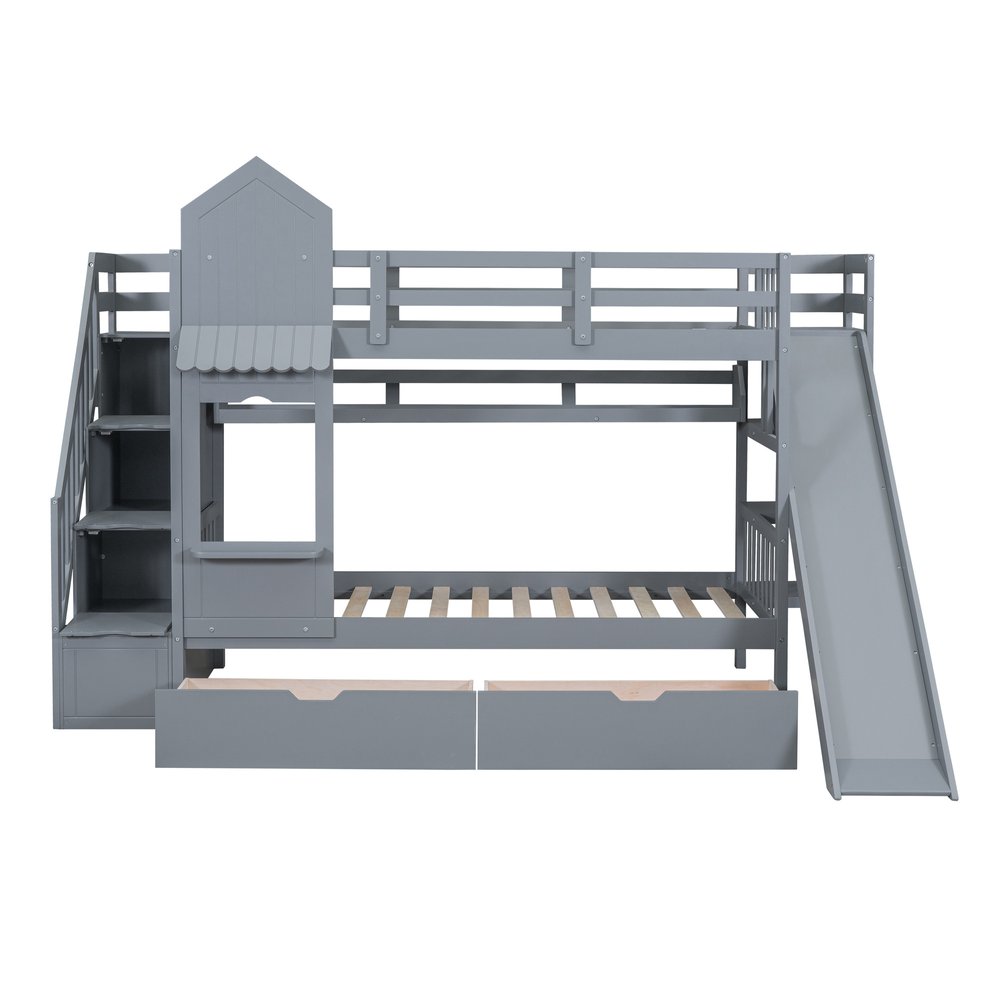 Gray Twin Over Twin Dollhouse Solid Wood Bunk Bed With Stairs And Slide And Drawers And Storage