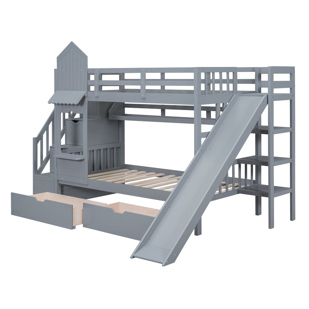 Gray Twin Over Twin Dollhouse Solid Wood Bunk Bed With Stairs And Slide And Drawers And Storage