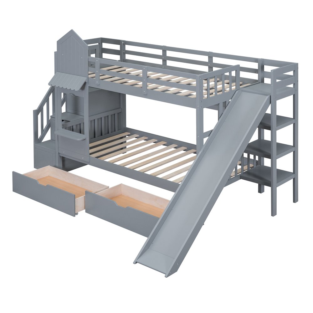 Gray Twin Over Twin Dollhouse Solid Wood Bunk Bed With Stairs And Slide And Drawers And Storage