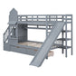 Gray Twin Over Twin Dollhouse Solid Wood Bunk Bed With Stairs And Slide And Drawers And Storage