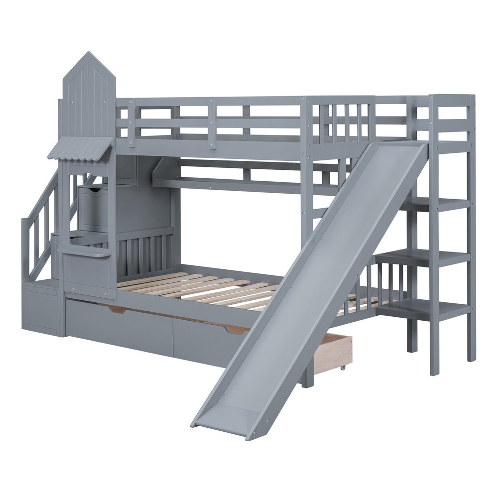 Gray Twin Over Twin Dollhouse Solid Wood Bunk Bed With Stairs And Slide And Drawers And Storage