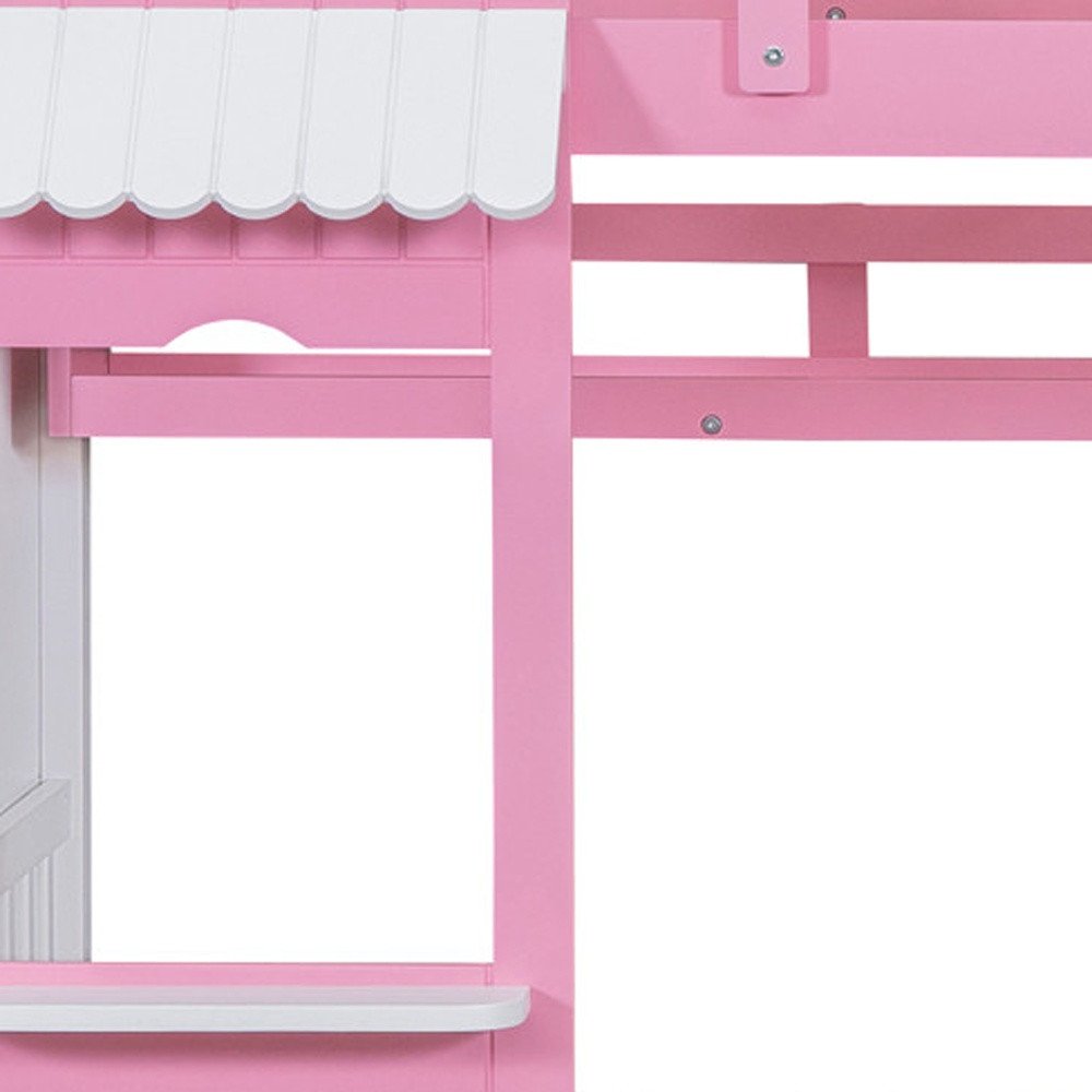 Pink Twin Over Twin Dollhouse Solid Wood Bunk Bed With Stairs And Slide And Drawers And Storage