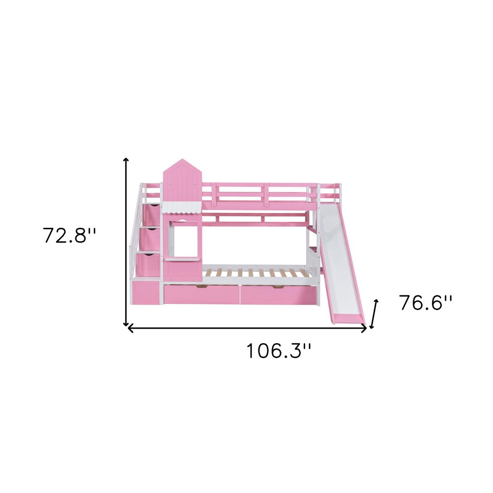 Pink Twin Over Twin Dollhouse Solid Wood Bunk Bed With Stairs And Slide And Drawers And Storage