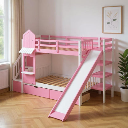 Pink Twin Over Twin Dollhouse Solid Wood Bunk Bed With Stairs And Slide And Drawers And Storage